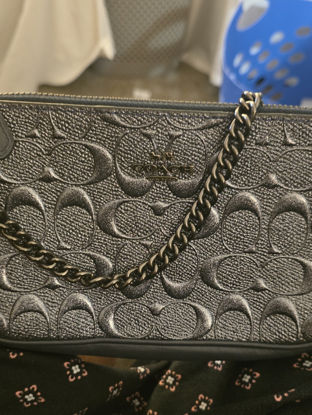 Coach Metallic Pewter Signature Chain Short Crossbody Bag